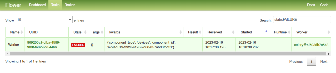 Страница Tasks c фильтром Failure