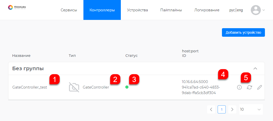 Основные параметры контроллера