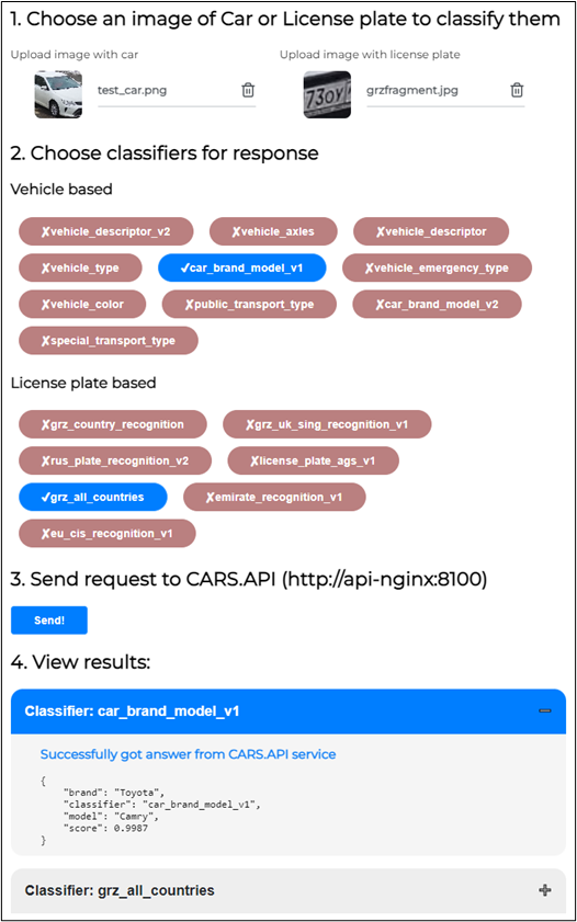 Интерфейс формирования запроса Vehicle/License plate classify
