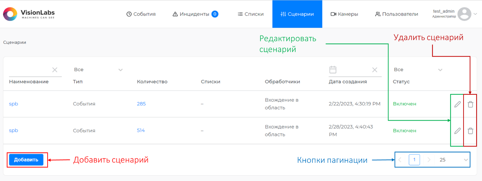 Раздел «Сценарии»