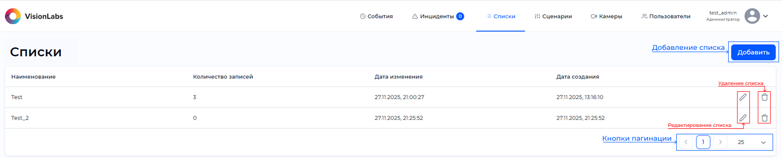 Общий вид раздела «Списки»