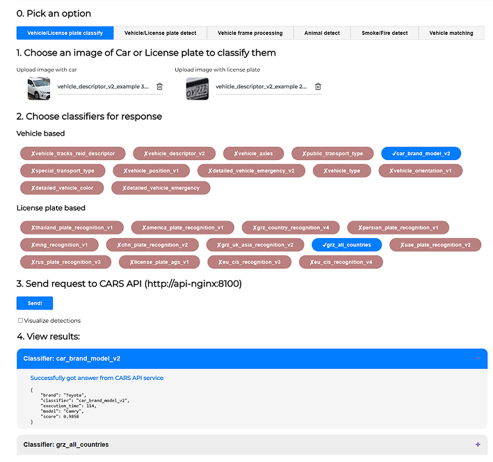 Интерфейс формирования запроса «Vehicle/License plate classify»