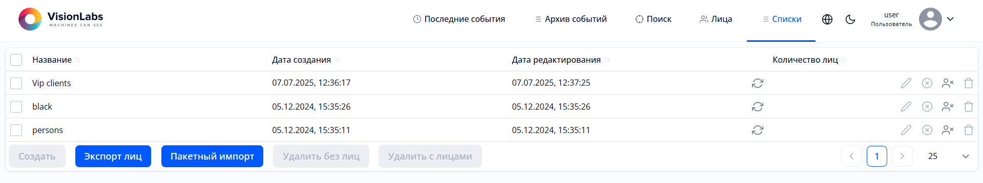 Раздел «Списки» для пользователя