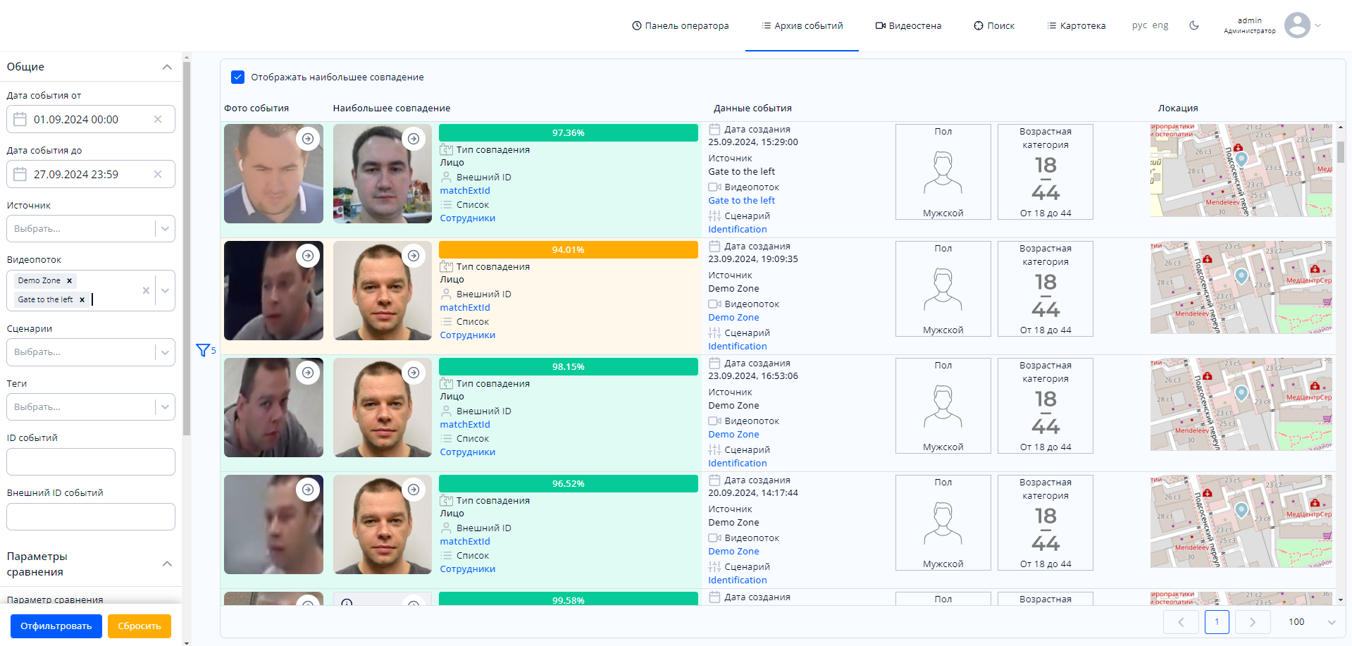 Фильтры для поиска архивных событий