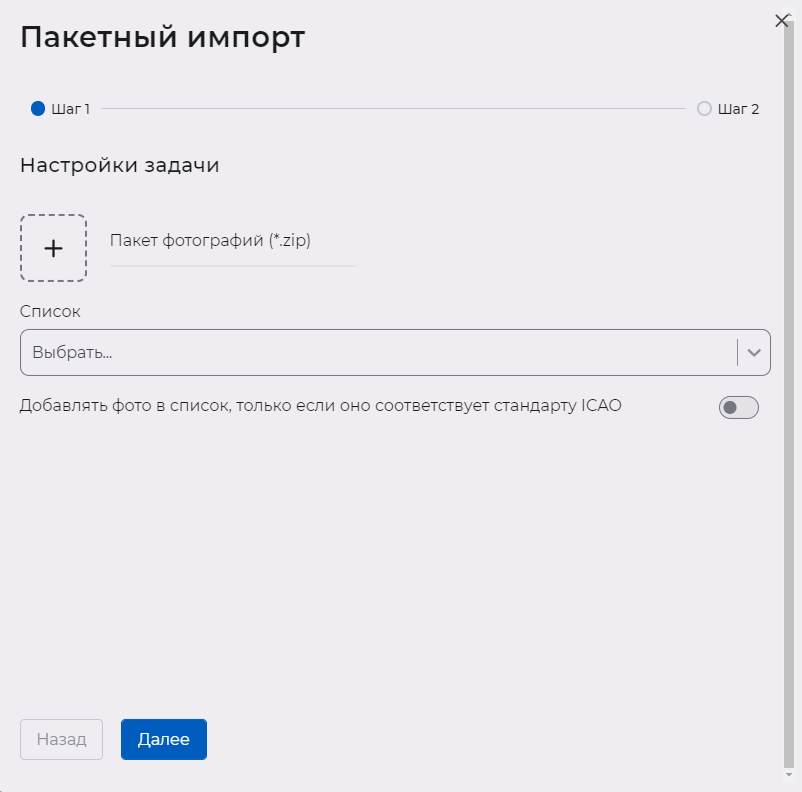 Окно создания задачи для пакетного импорта